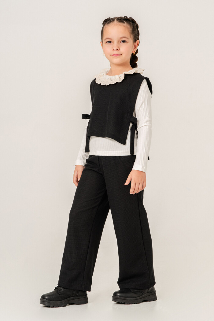 Dantel Yaka Detaylı Kız Çocuk Üçlü Takım 3-7 Yaş Siyah 3774-1