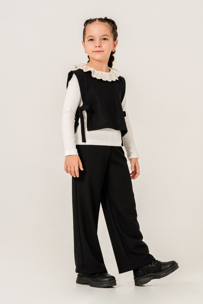 Dantel Yaka Detaylı Kız Çocuk Üçlü Takım 3-7 Yaş Siyah 3774-1