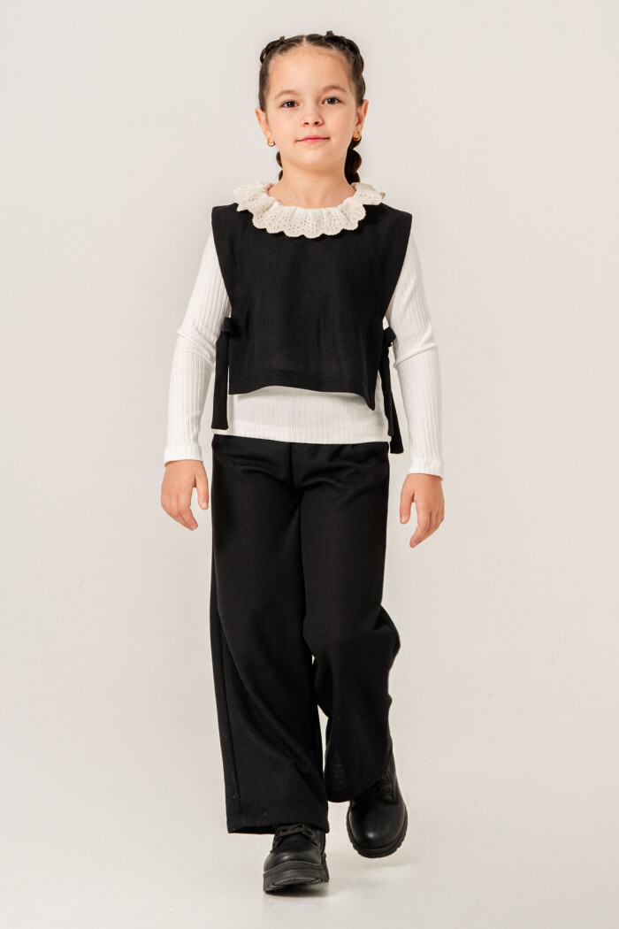 Dantel Yaka Detaylı Kız Çocuk Üçlü Takım 3-7 Yaş Siyah 3774-1
