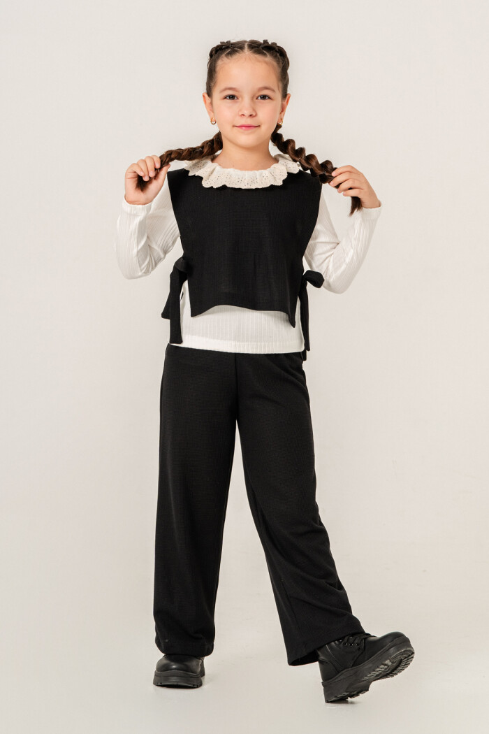 Dantel Yaka Detaylı Kız Çocuk Üçlü Takım 3-7 Yaş Siyah 3774-1