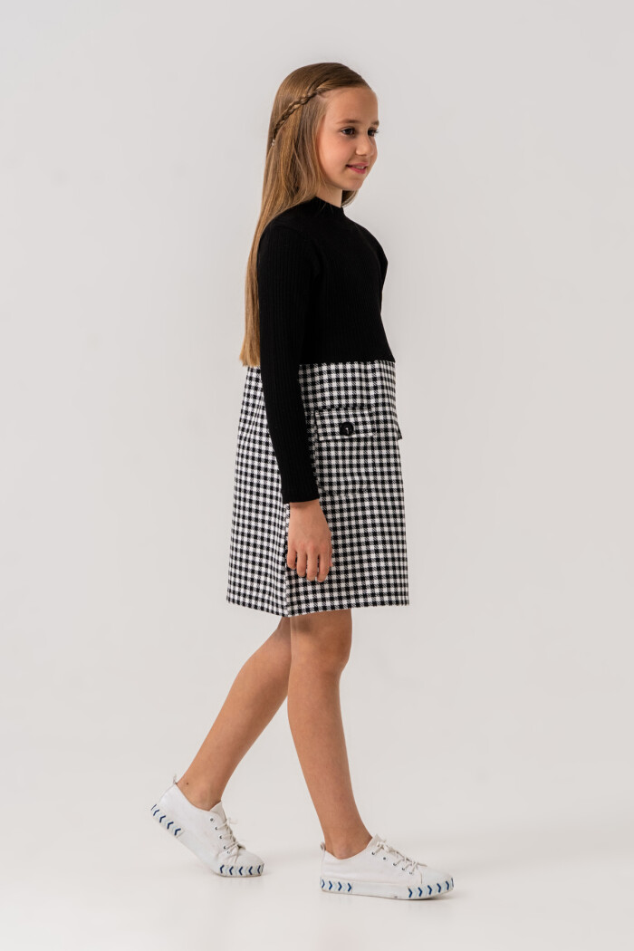 Ekose Etekli Badili Kız Çocuk Elbise Siyah 5-9 Yaş - 3726-2