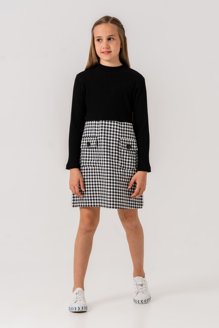 Ekose Etekli Badili Kız Çocuk Elbise Siyah 5-9 Yaş - 3726-2