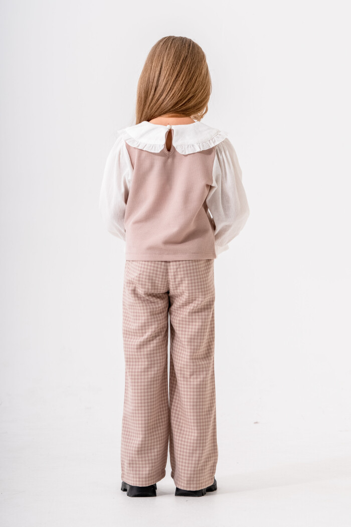 Ekose Pantolonlu Casual Kız Çocuk Takım 3-7 Yaş Gül 3716-1