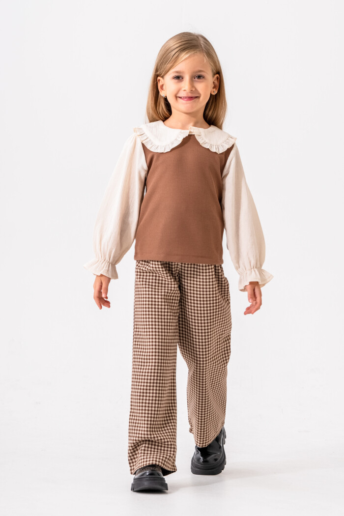 Ekose Pantolonlu Casual Kız Çocuk Takım 3-7 Yaş Kahve 3716-2