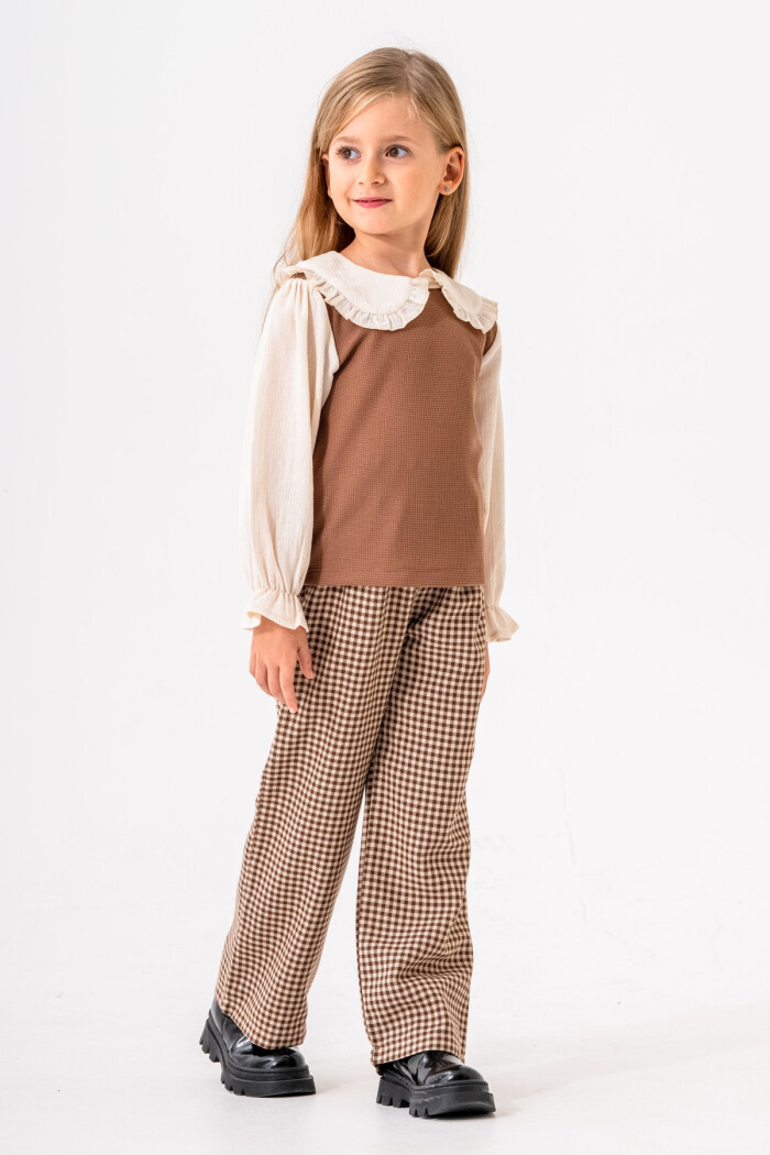 Ekose Pantolonlu Casual Kız Çocuk Takım 3-7 Yaş Kahve 3716-2