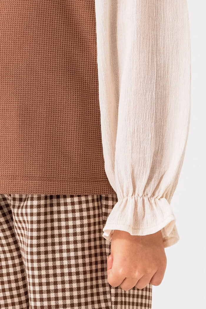 Ekose Pantolonlu Casual Kız Çocuk Takım 3-7 Yaş Kahve 3716-2