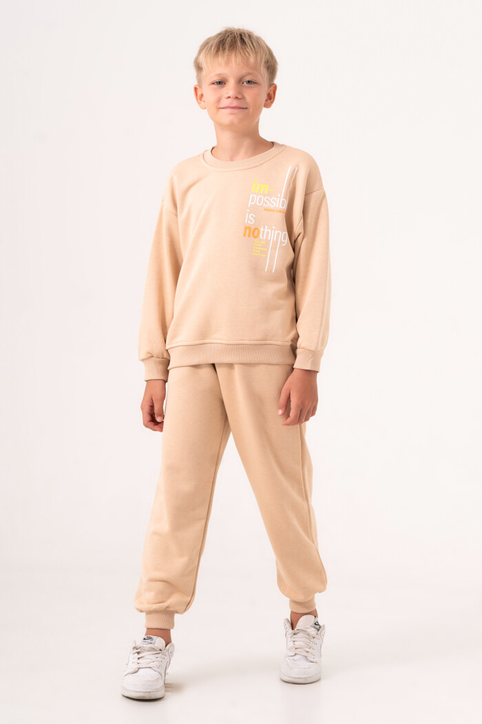Erkek Çocuk Bej Bisiklet Yaka Baskılı 5-9 Yaş Takım - 3572-4