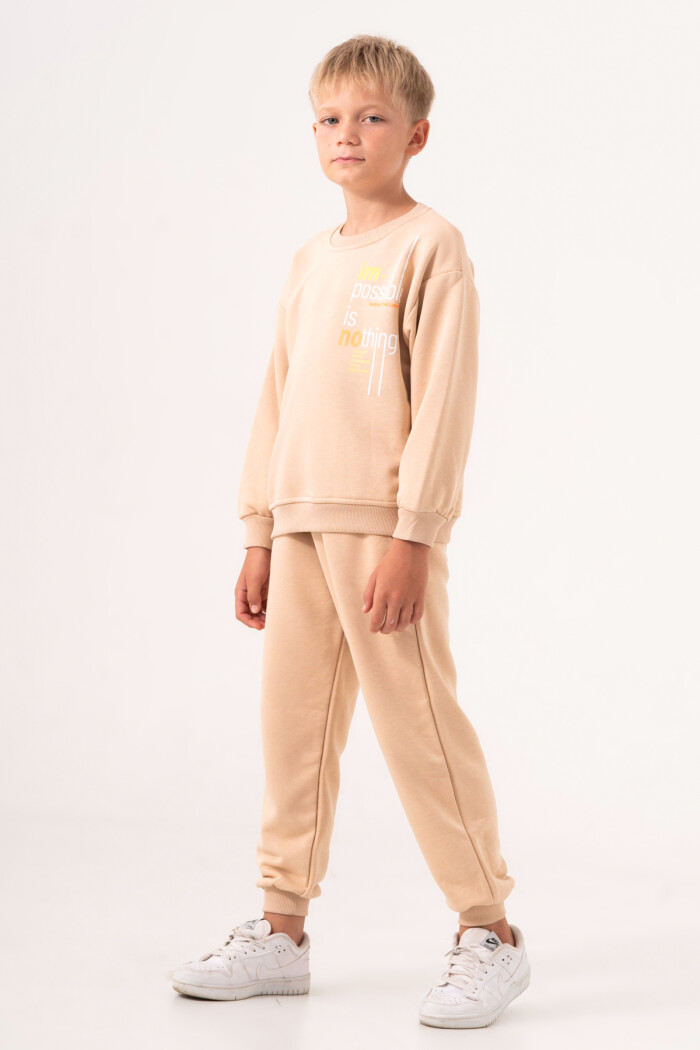 Erkek Çocuk Bej Bisiklet Yaka Baskılı 5-9 Yaş Takım - 3572-4