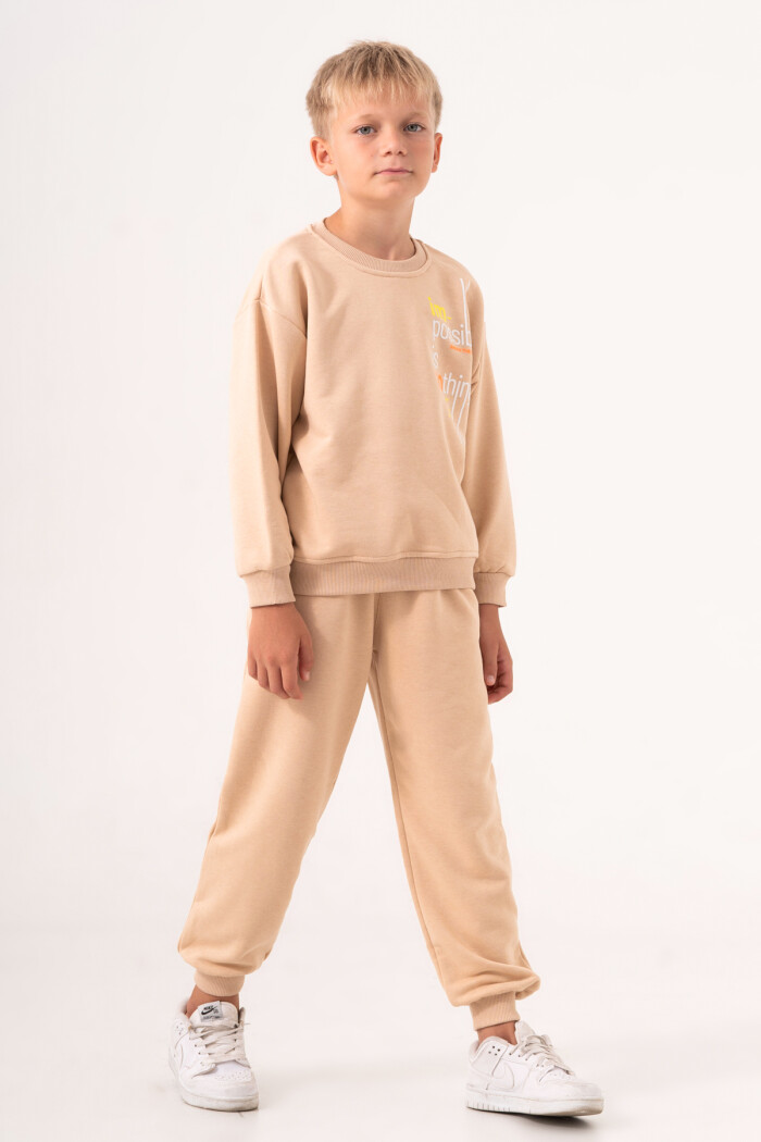 Erkek Çocuk Bej Bisiklet Yaka Baskılı 5-9 Yaş Takım - 3572-4