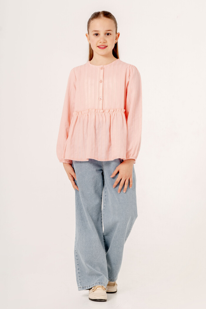 Gömlekli Beli Lastikli Kot Takım Kız Çocuk 5-9 Yaş Mavi 3763 - 1