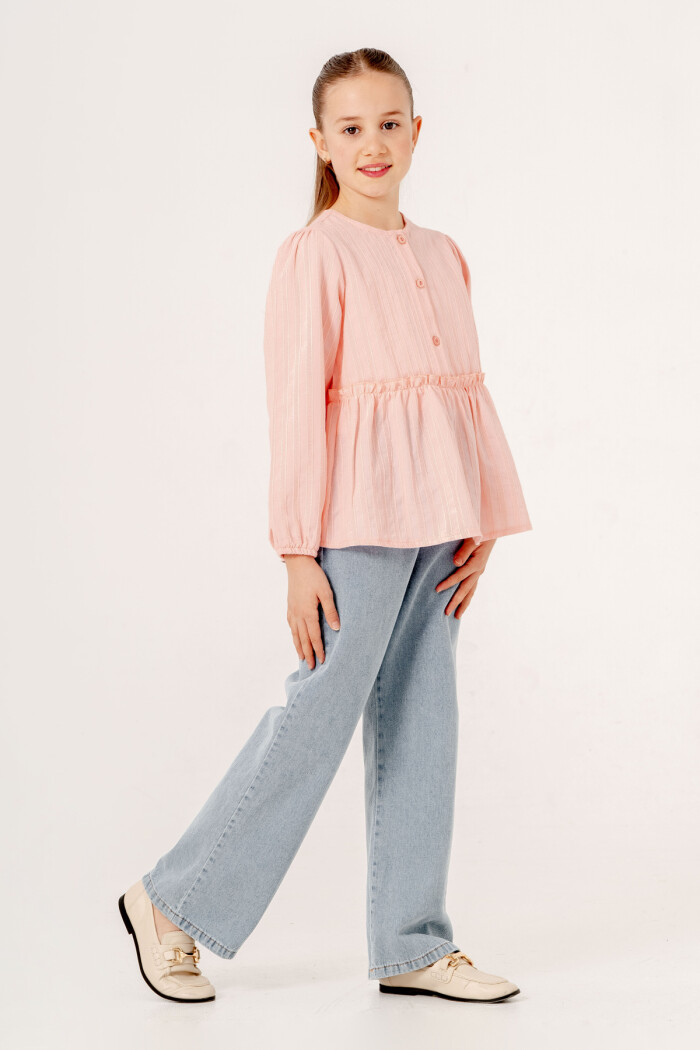 Gömlekli Beli Lastikli Kot Takım Kız Çocuk 5-9 Yaş Mavi 3763 - 1