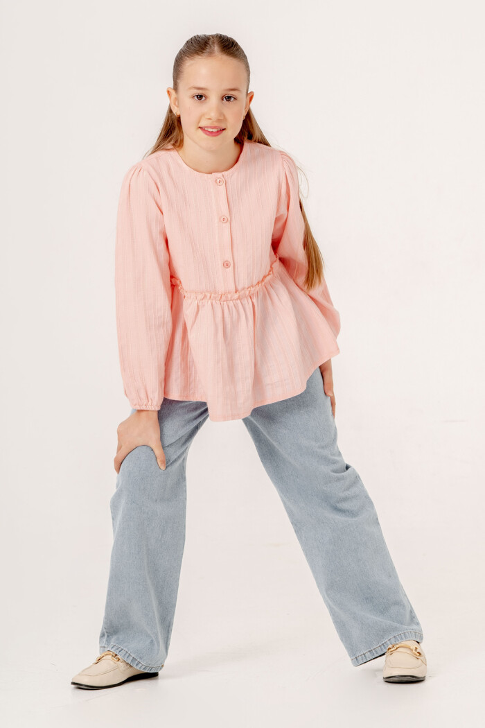 Gömlekli Beli Lastikli Kot Takım Kız Çocuk 5-9 Yaş Mavi 3763 - 1