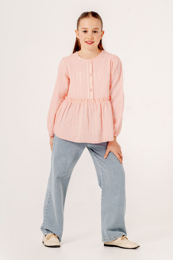 Gömlekli Beli Lastikli Kot Takım Kız Çocuk 5-9 Yaş Mavi 3763 - 1