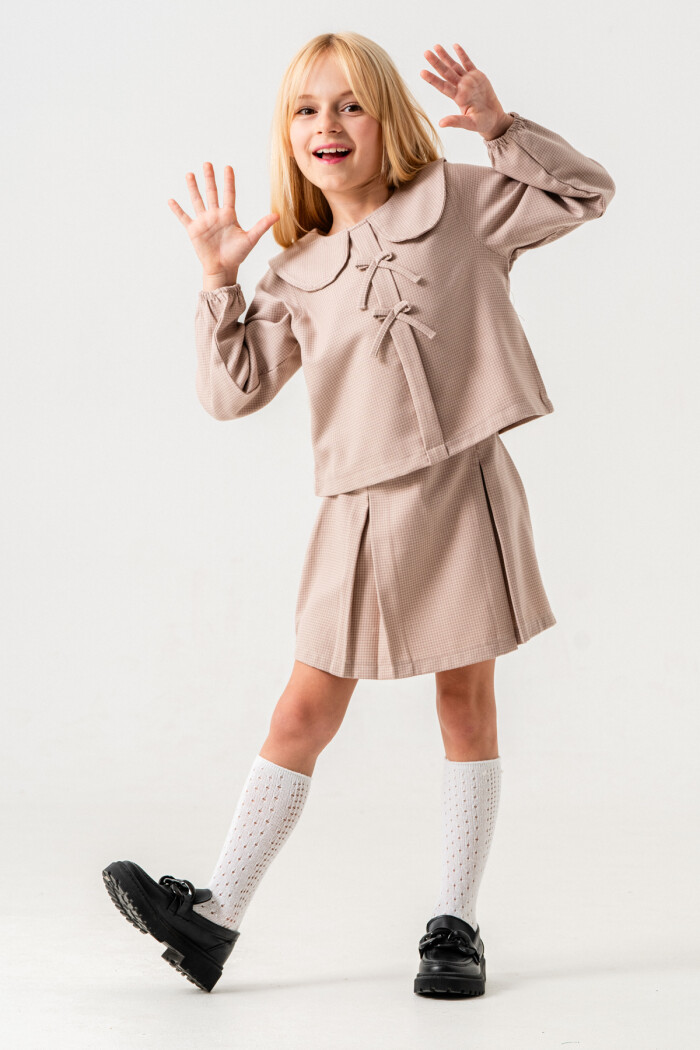 Kazayağı Desenli Kız Çocuk Etekli Takım 3-7 Yaş Gül 3737-3