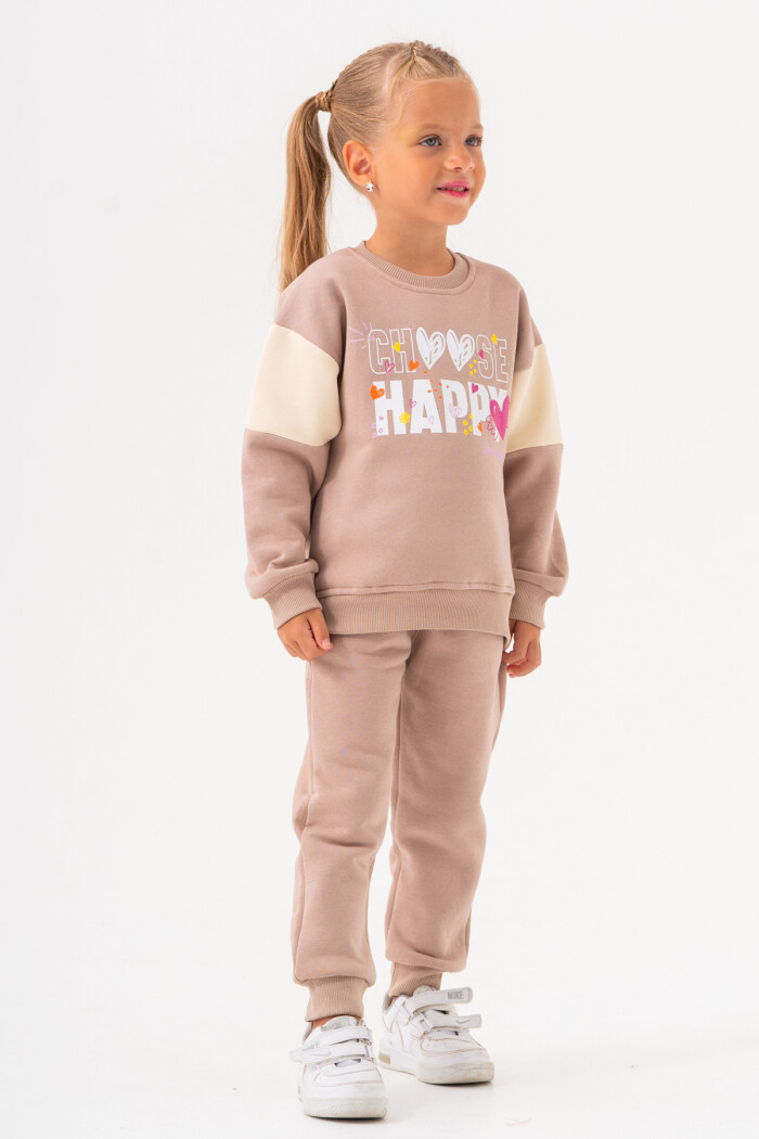 Kız Bebek Bej Bisiklet Yaka Kol Parçalı 1-5 Yaş Takım - 3601-1