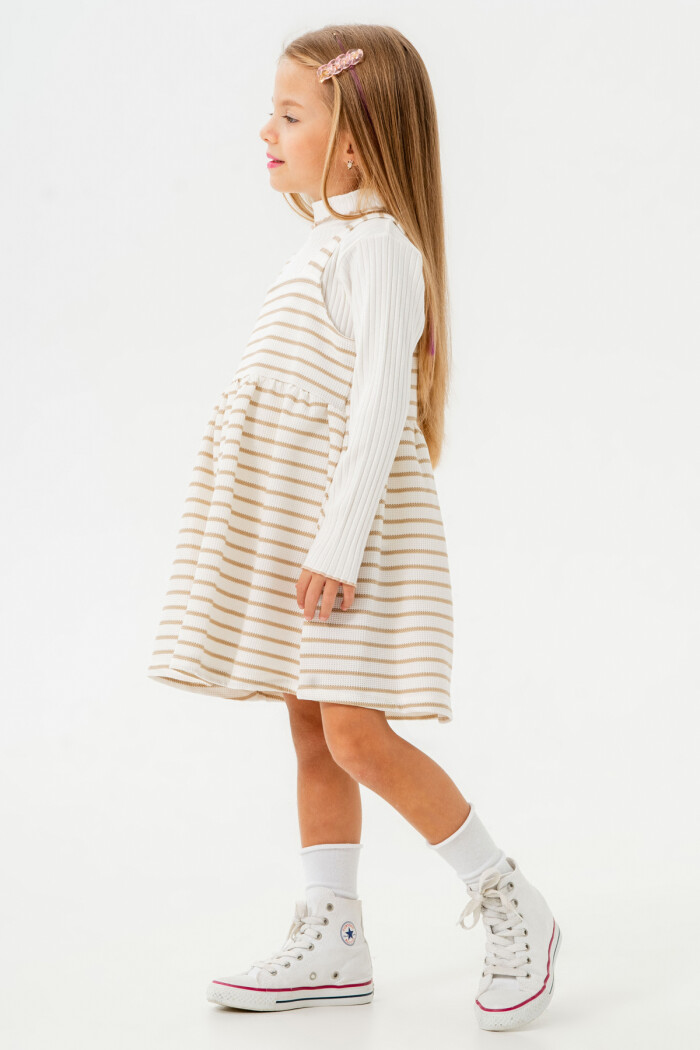 Kız Bebek Bej Çizgili Yarım Balıkçı Yaka 1-5 Yaş Badili Elbise 3700-2