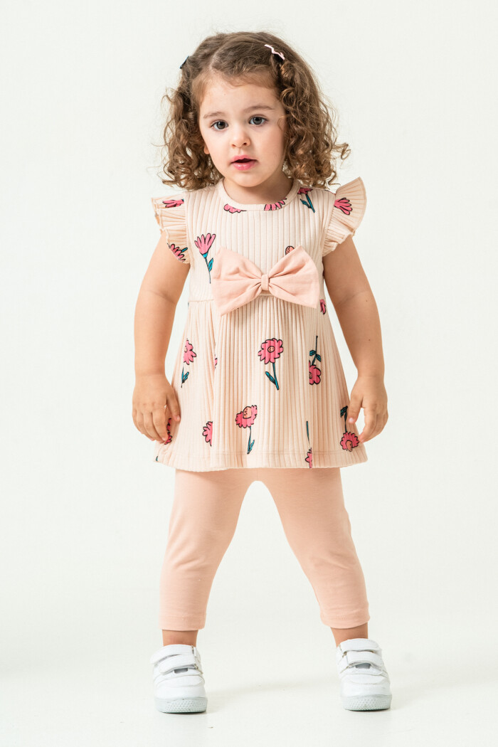 Kız Bebek Çiçekli Badili Kurdele Detaylı Taytlı Takım 6-24 Ay Bej 016-1