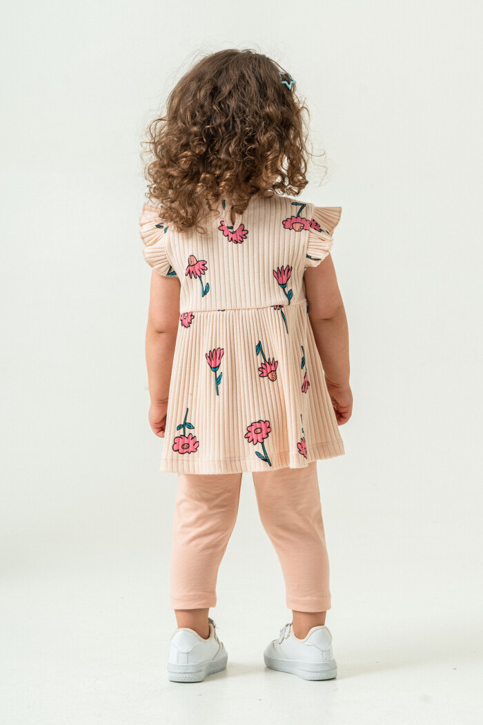 Kız Bebek Çiçekli Badili Kurdele Detaylı Taytlı Takım 6-24 Ay Bej 016-1