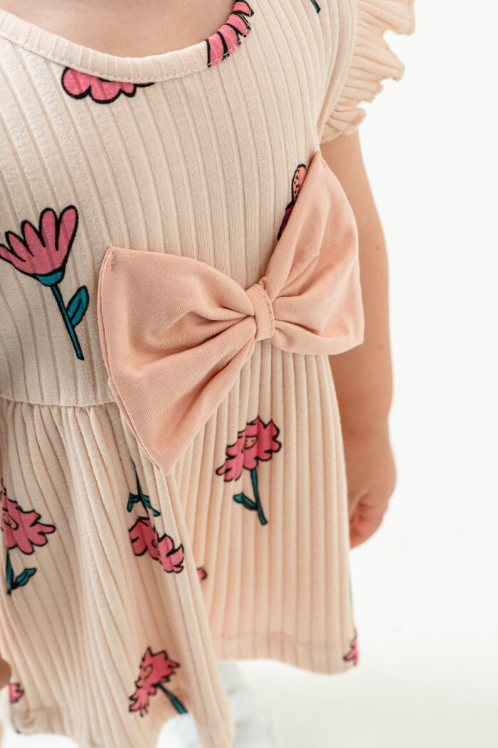 Kız Bebek Çiçekli Badili Kurdele Detaylı Taytlı Takım 6-24 Ay Bej 016-1