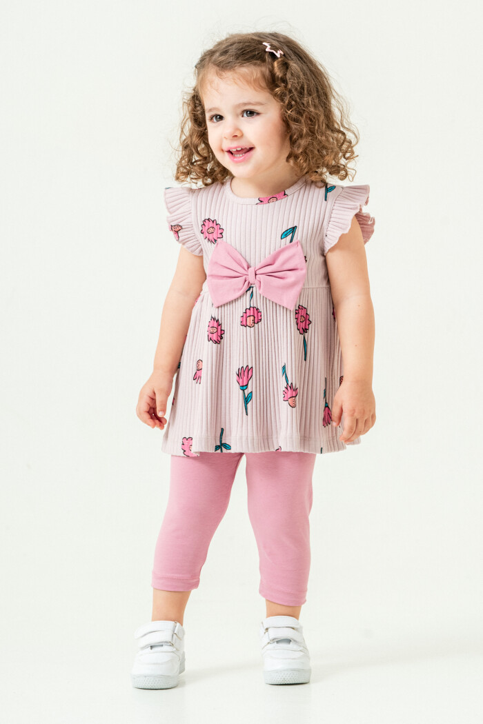 Kız Bebek Çiçekli Badili Kurdele Detaylı Taytlı Takım 6-24 Ay Açık Lila 016-2