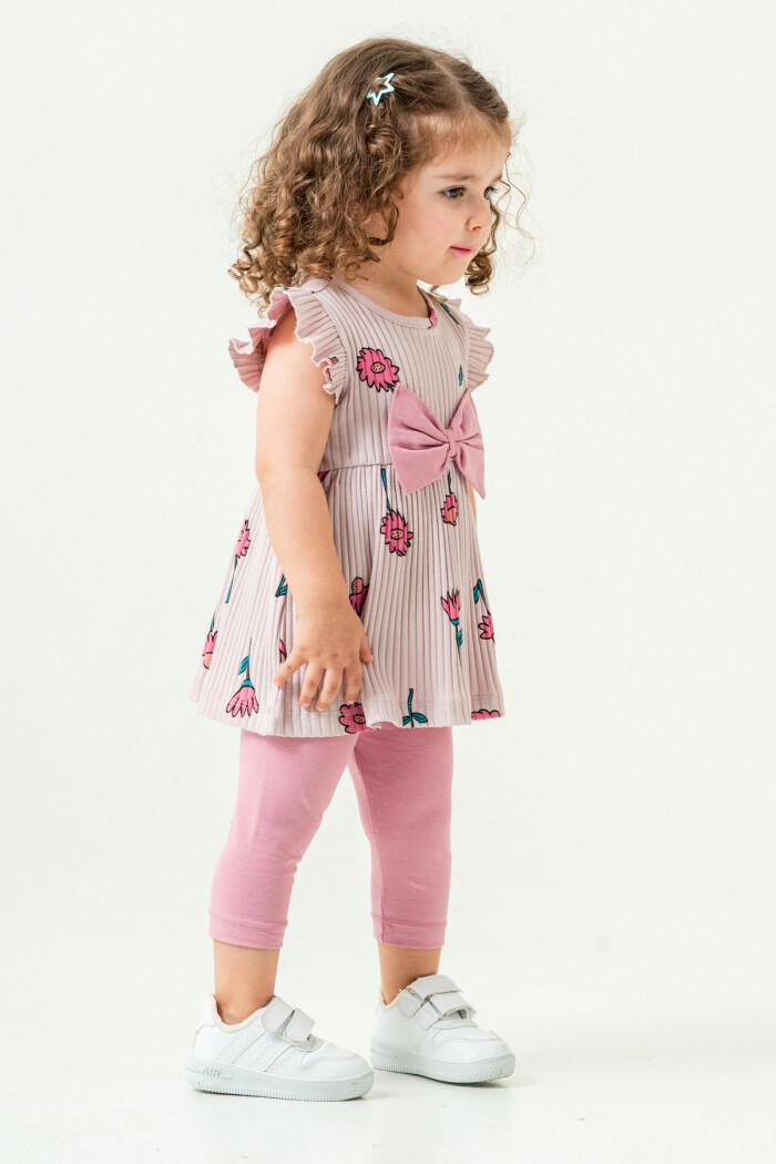 Kız Bebek Çiçekli Badili Kurdele Detaylı Taytlı Takım 6-24 Ay Açık Lila 016-2