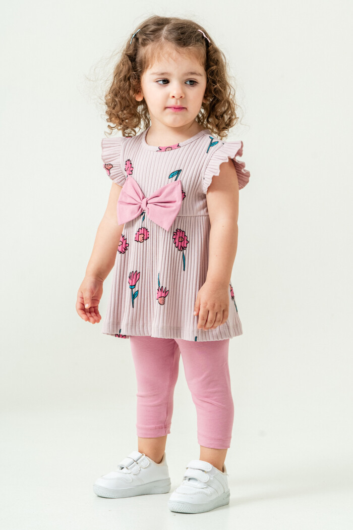 Kız Bebek Çiçekli Badili Kurdele Detaylı Taytlı Takım 6-24 Ay Açık Lila 016-2