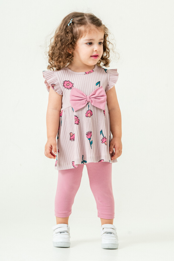 Kız Bebek Çiçekli Badili Kurdele Detaylı Taytlı Takım 6-24 Ay Açık Lila 016-2