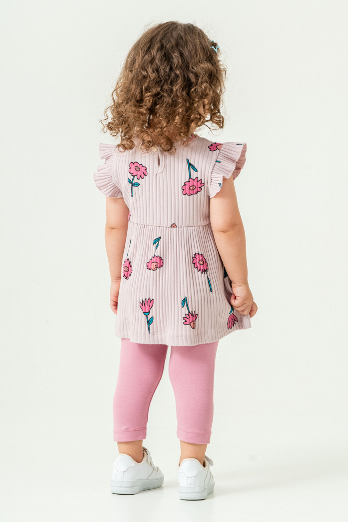 Kız Bebek Çiçekli Badili Kurdele Detaylı Taytlı Takım 6-24 Ay Açık Lila 016-2