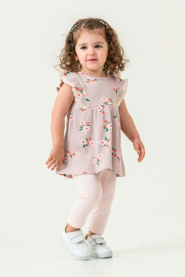 Kız Bebek Çiçekli Badili Taytlı Takım 6-24 Ay Açık Lila 011-1