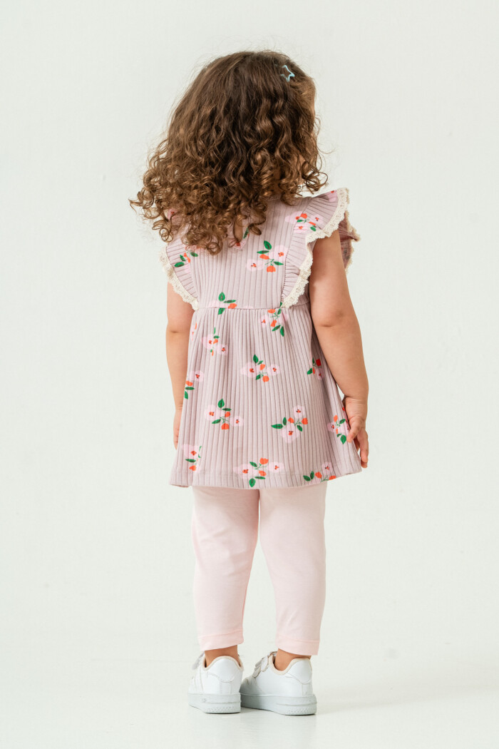 Kız Bebek Çiçekli Badili Taytlı Takım 6-24 Ay Açık Lila 011-1