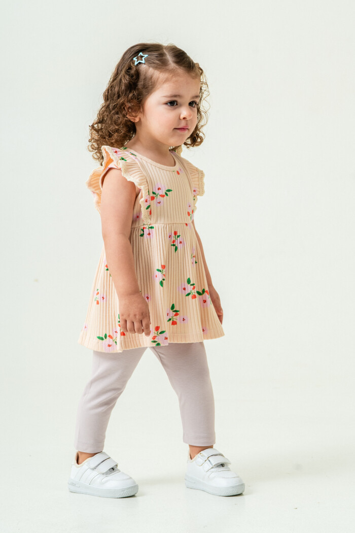 Kız Bebek Çiçekli Badili Taytlı Takım 6-24 Ay Bej 011-2