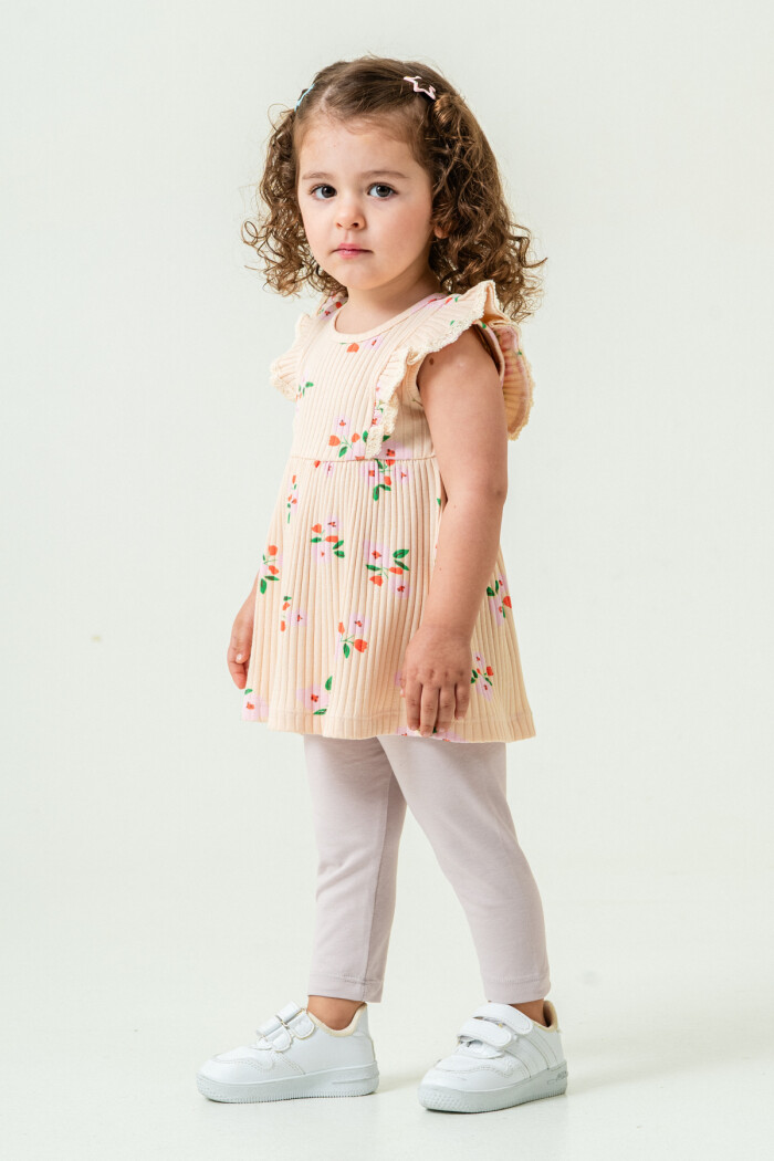 Kız Bebek Çiçekli Badili Taytlı Takım 6-24 Ay Bej 011-2