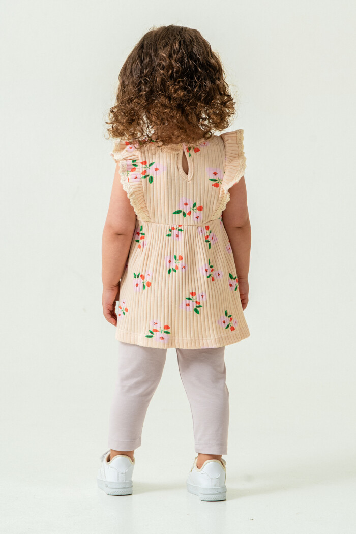 Kız Bebek Çiçekli Badili Taytlı Takım 6-24 Ay Bej 011-2