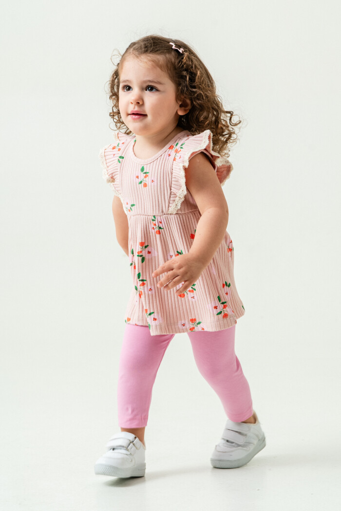 Kız Bebek Çiçekli Badili Taytlı Takım 6-24 Ay Pudra 011-3