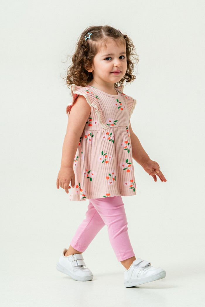 Kız Bebek Çiçekli Badili Taytlı Takım 6-24 Ay Pudra 011-3