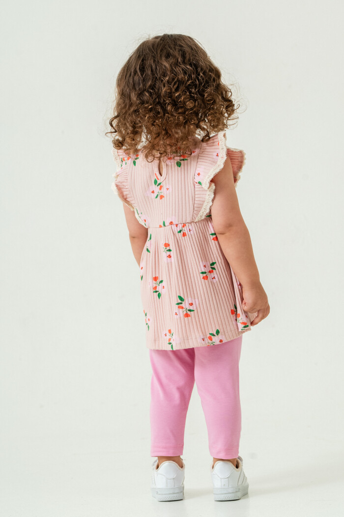 Kız Bebek Çiçekli Badili Taytlı Takım 6-24 Ay Pudra 011-3