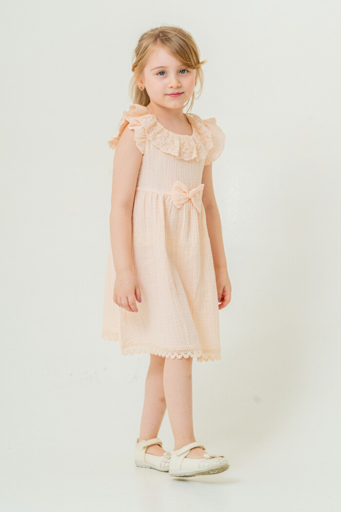 Kız Bebek Dantel Yakalı Omzu Fırfırlı Müslin Elbise 1-5 Yaş Somon 3809-3