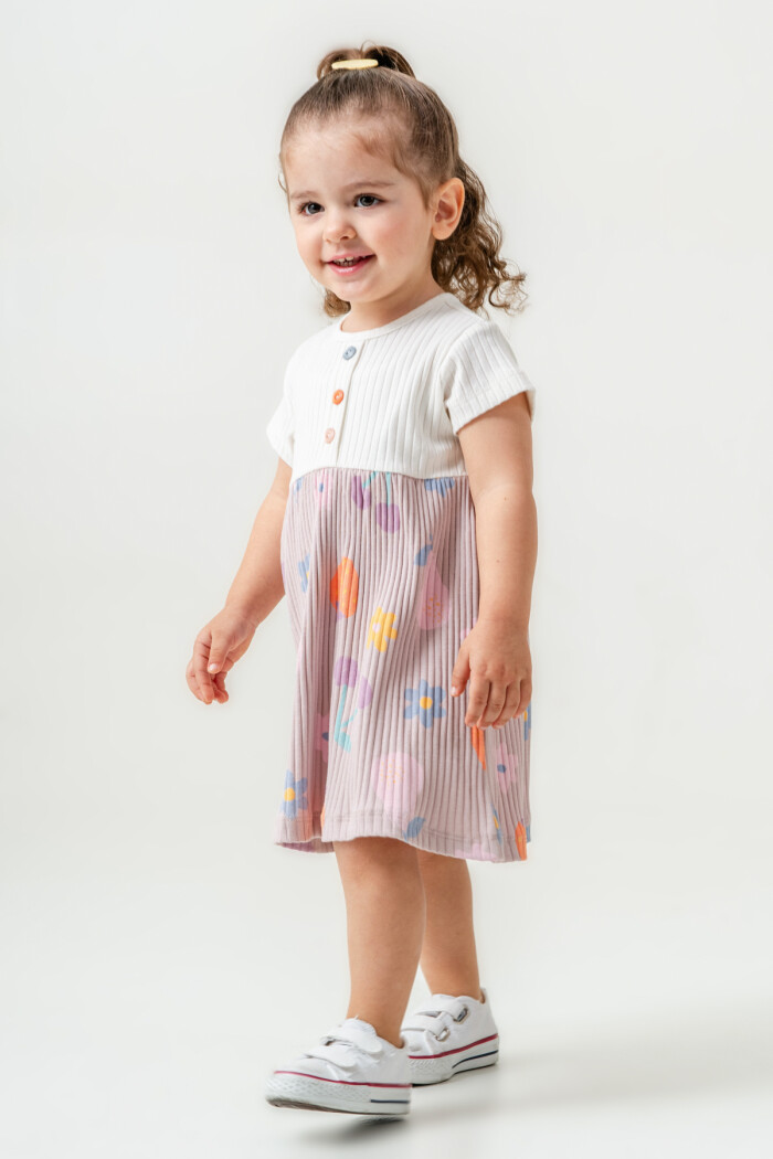 Kız Bebek Düğme Detaylı Desenli Elbise 6-24 Ay Açık Lila 015-2