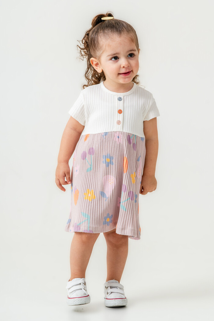 Kız Bebek Düğme Detaylı Desenli Elbise 6-24 Ay Açık Lila 015-2