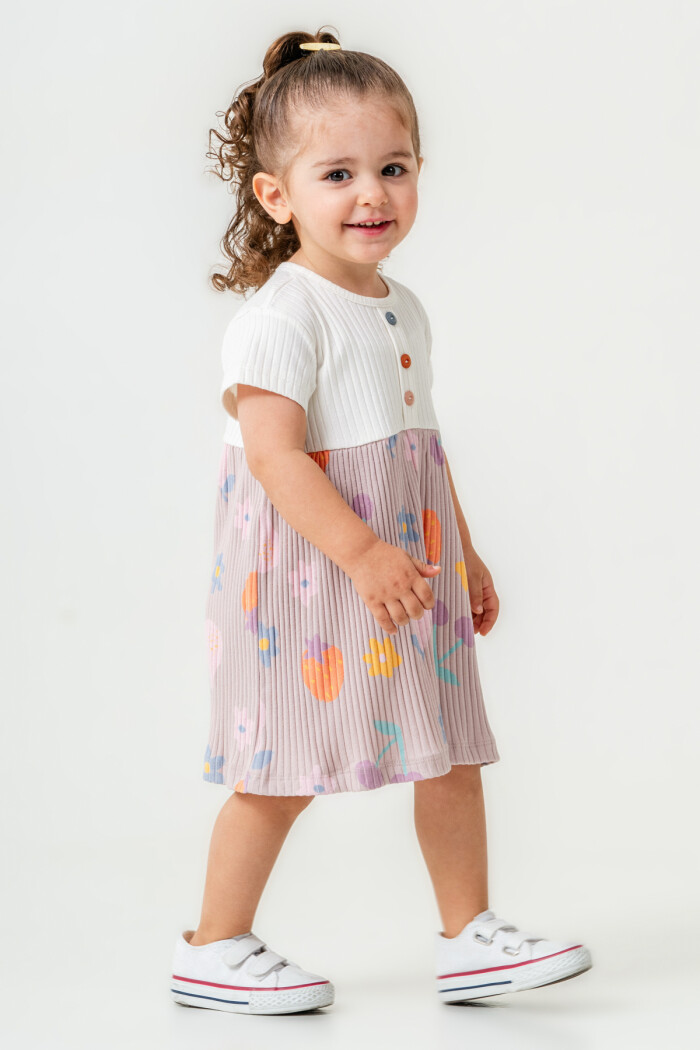 Kız Bebek Düğme Detaylı Desenli Elbise 6-24 Ay Açık Lila 015-2