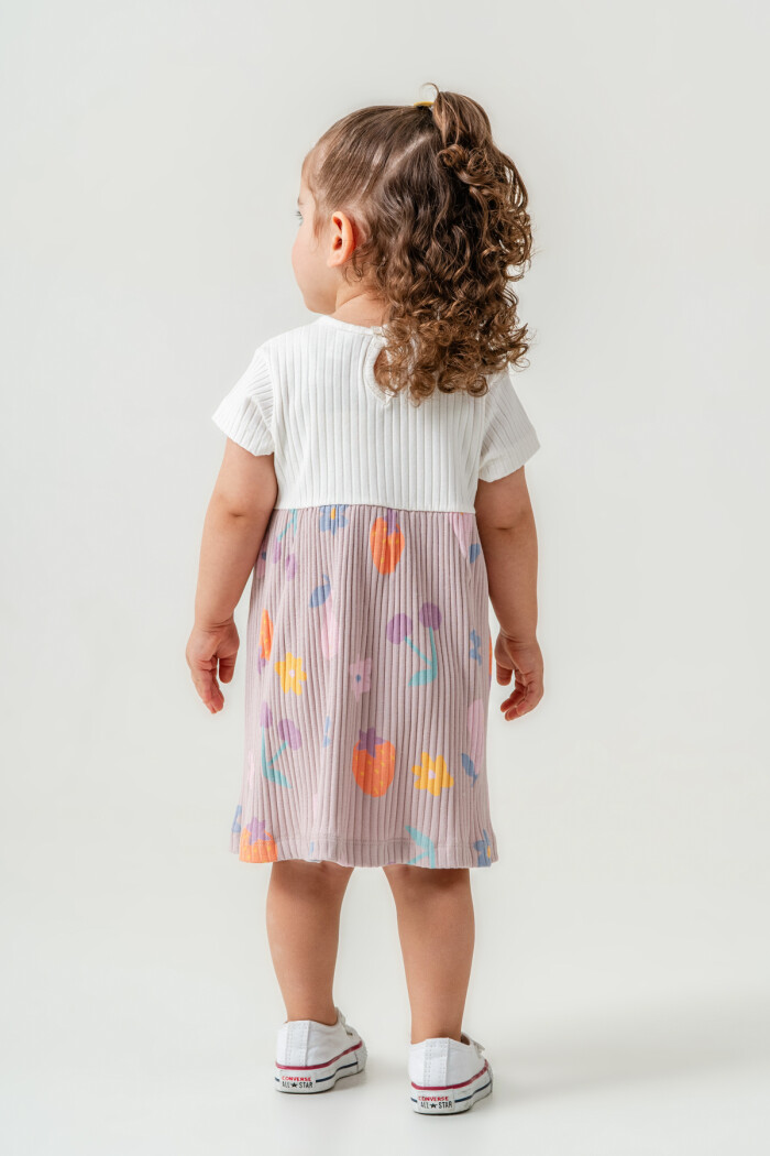 Kız Bebek Düğme Detaylı Desenli Elbise 6-24 Ay Açık Lila 015-2