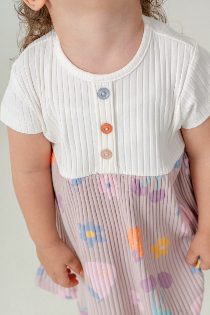 Kız Bebek Düğme Detaylı Desenli Elbise 6-24 Ay Açık Lila 015-2