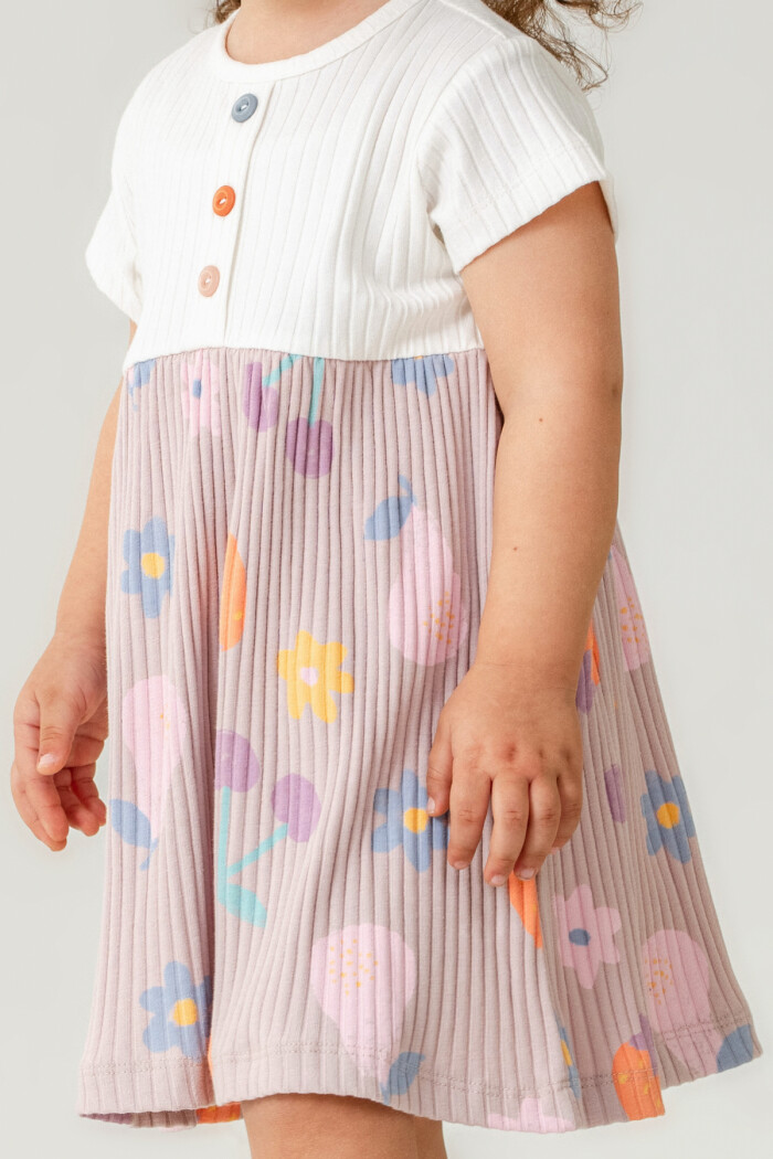 Kız Bebek Düğme Detaylı Desenli Elbise 6-24 Ay Açık Lila 015-2