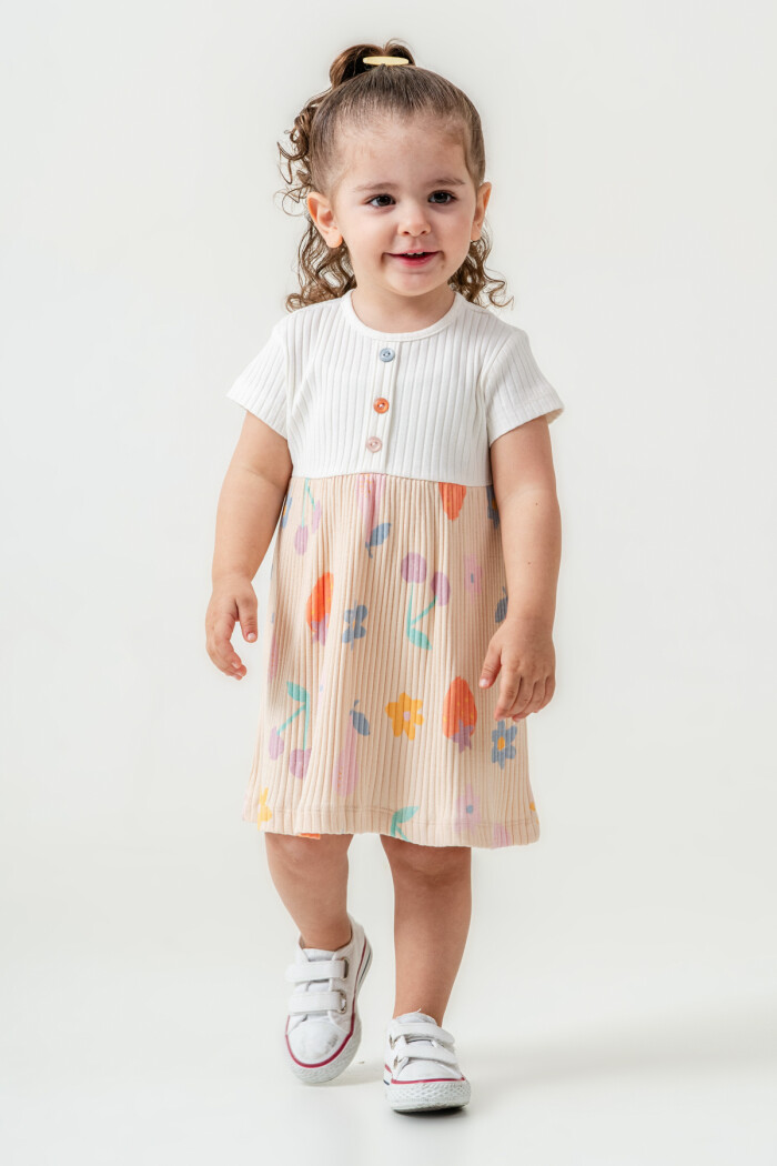 Kız Bebek Düğme Detaylı Desenli Elbise 6-24 Ay Bej 015-1