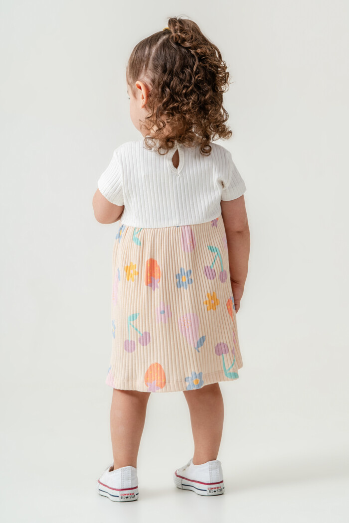 Kız Bebek Düğme Detaylı Desenli Elbise 6-24 Ay Bej 015-1