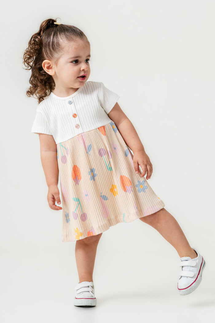 Kız Bebek Düğme Detaylı Desenli Elbise 6-24 Ay Bej 015-1