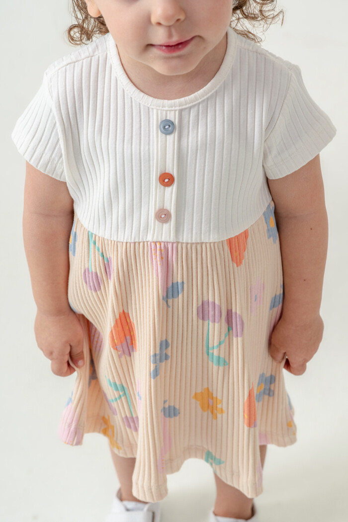 Kız Bebek Düğme Detaylı Desenli Elbise 6-24 Ay Bej 015-1