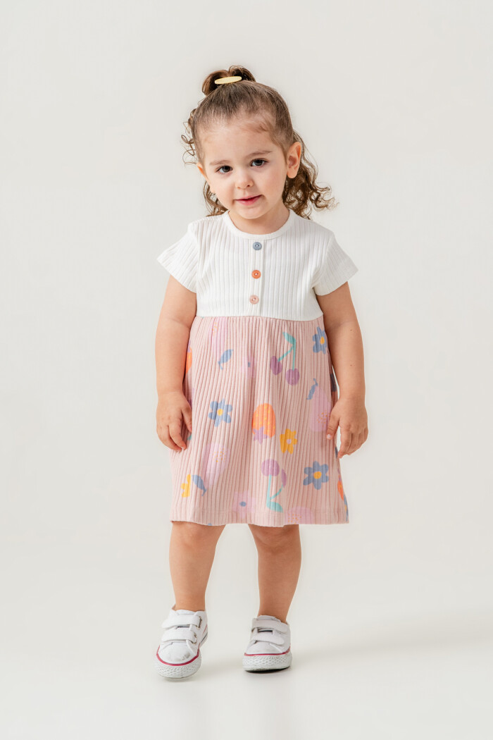 Kız Bebek Düğme Detaylı Desenli Elbise 6-24 Ay Pudra 015-3