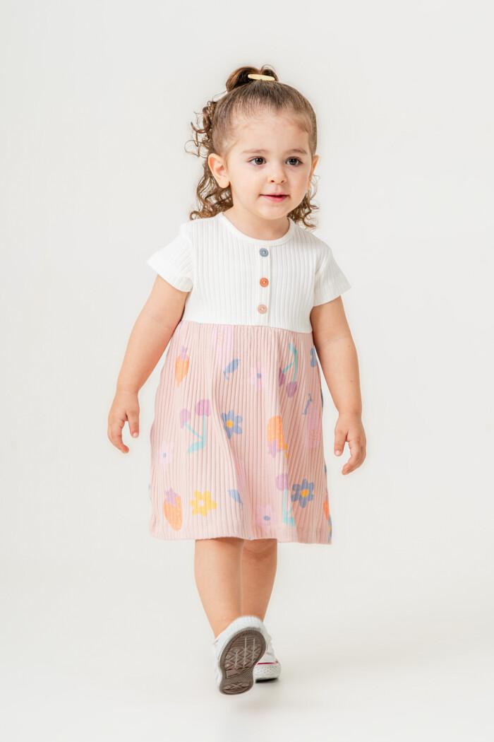 Kız Bebek Düğme Detaylı Desenli Elbise 6-24 Ay Pudra 015-3