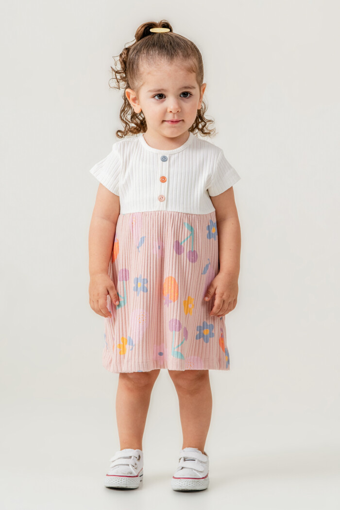 Kız Bebek Düğme Detaylı Desenli Elbise 6-24 Ay Pudra 015-3